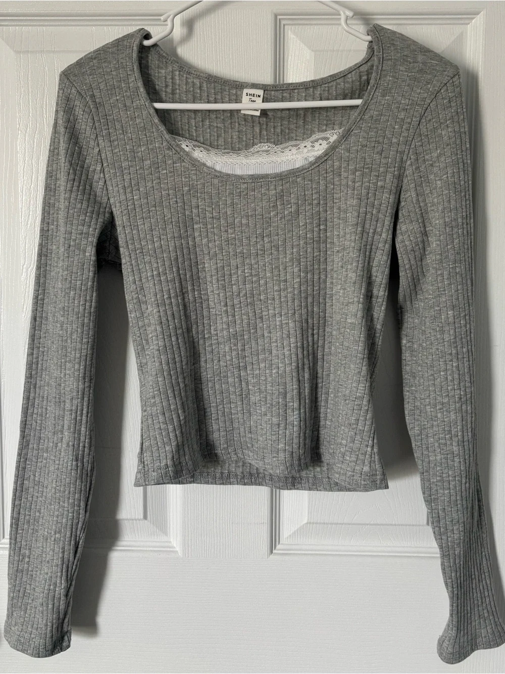 Gray Ribbed Scoopneck Long Sleeve Lace-Trim Top